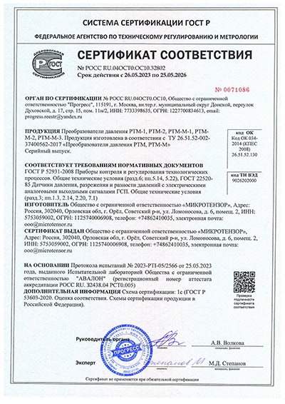 Сертификат соответсвия преобразователей давления РТМ, РТМ-М